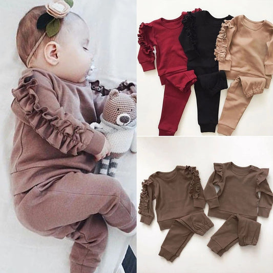 Newborn Baby Boys Girls Ruffles Jumper Solid Long Sleeve Sweatshirt Tops Pants Infant Kids 2Pcs Outfits Clothes Set Fall Clothes - My Store